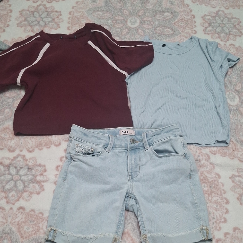 SO Kids Burgundy and Light Blue Tops with Denim Shorts